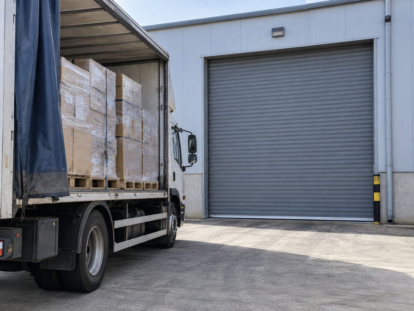 A curtain-sided delivery truck still loaded with palletized cartons, parked in front of a closed roller shutter door at a quiet industrial unit.