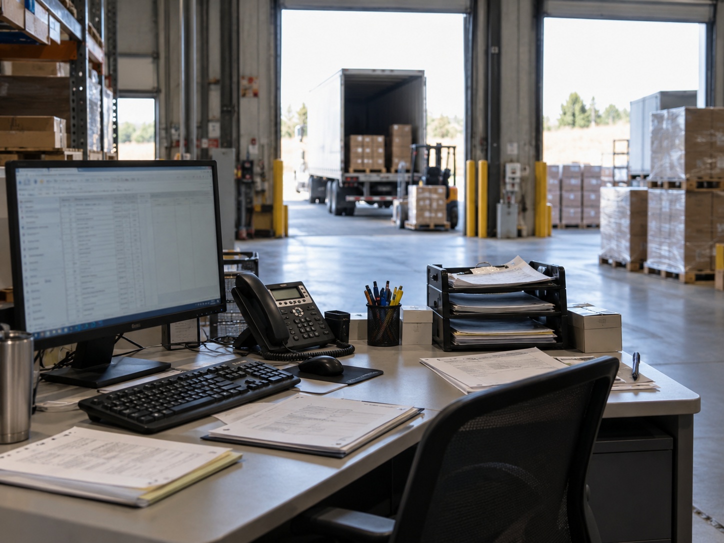 A shipping desk with a monitor, a phone and stacks of paperwork, looking out through open bay doors at a trailer being loaded.