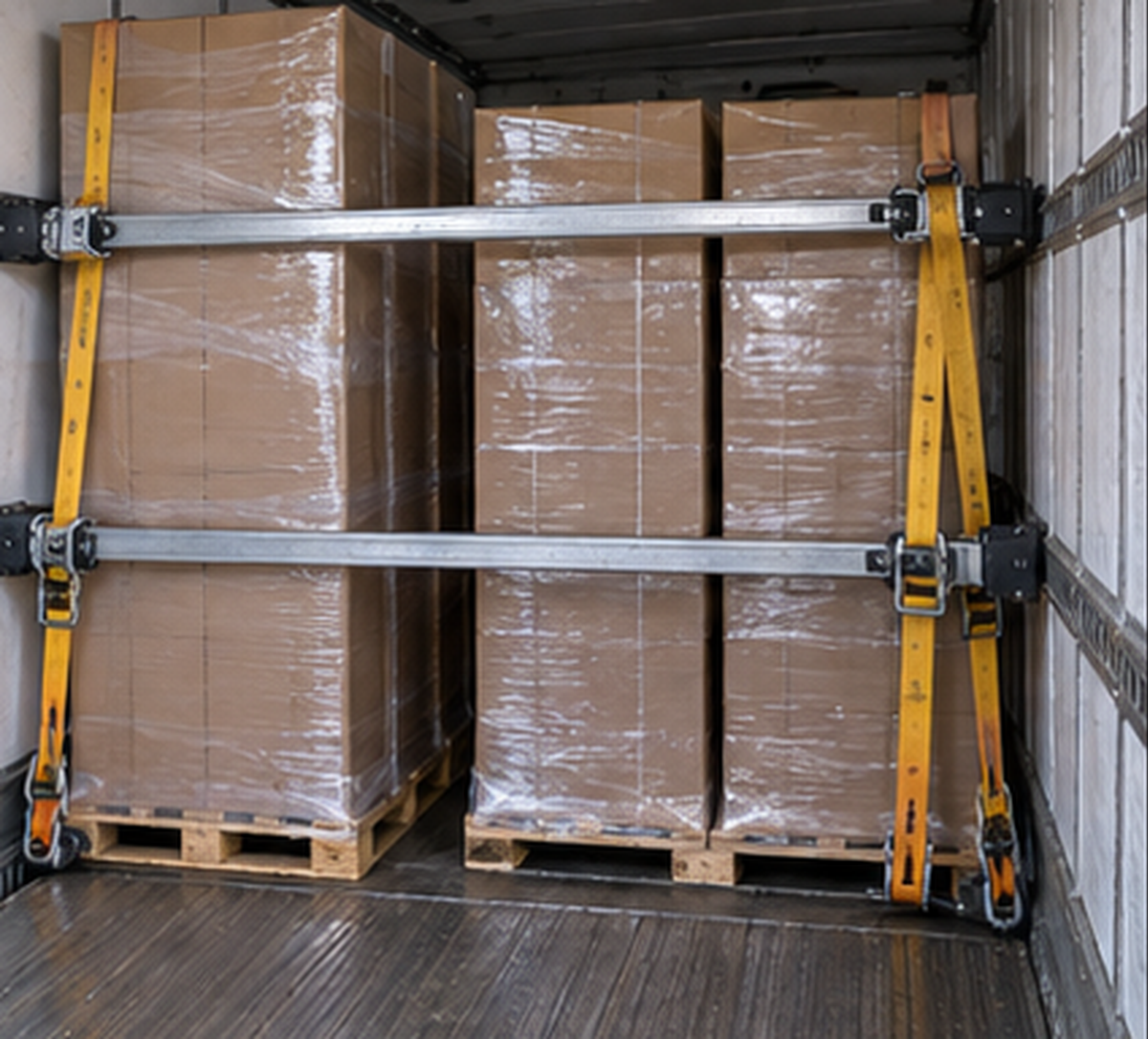 Inside a trailer, two wrapped pallets held against the wall by horizontal load bars and yellow ratchet straps anchored to the trailer track.