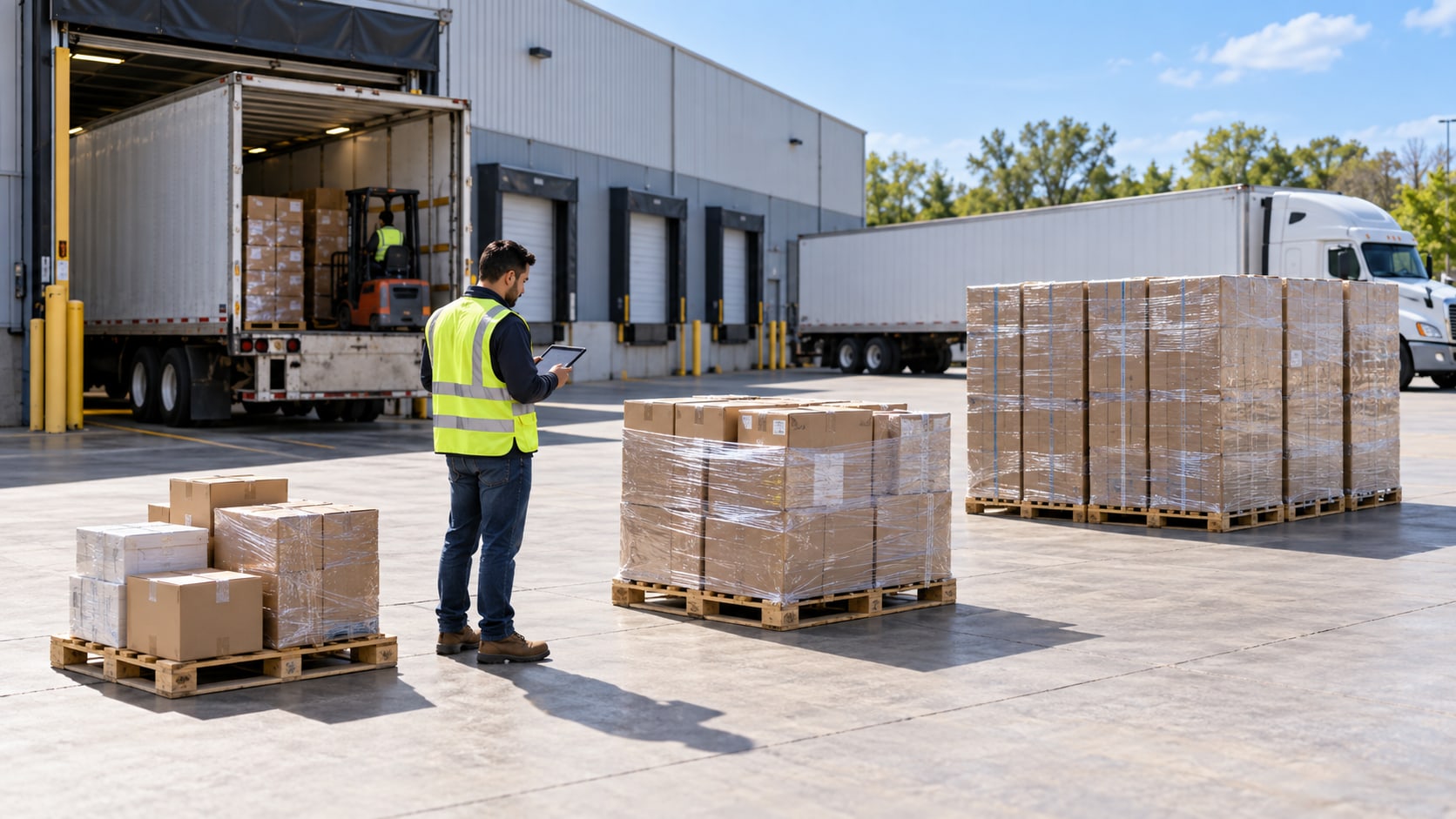 A dock worker with a tablet stands among shipments of different sizes, from loose cartons to full pallets, beside an open trailer.