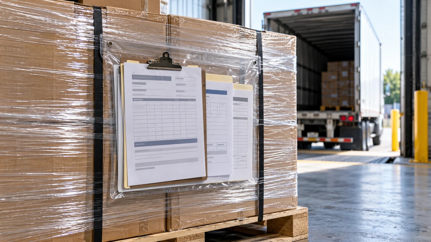 An organised shipment document packet in a clear pouch attached to a wrapped pallet