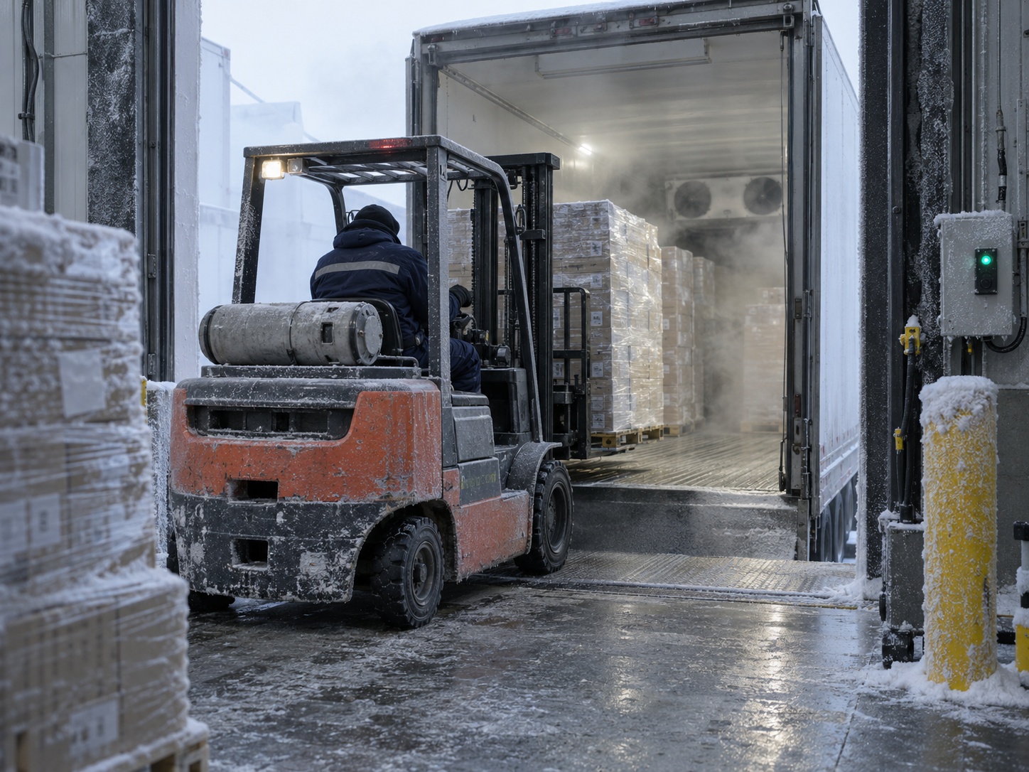 A frost-covered forklift moving palletized freight into a refrigerated trailer at a frozen goods dock, with cold vapour hanging in the air.