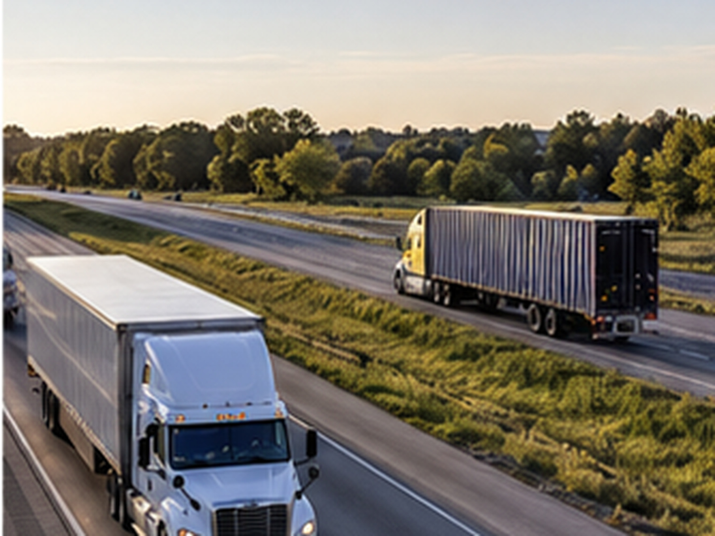 Opposing interstate lanes with loaded tractor-trailers moving in both directions between freight markets.