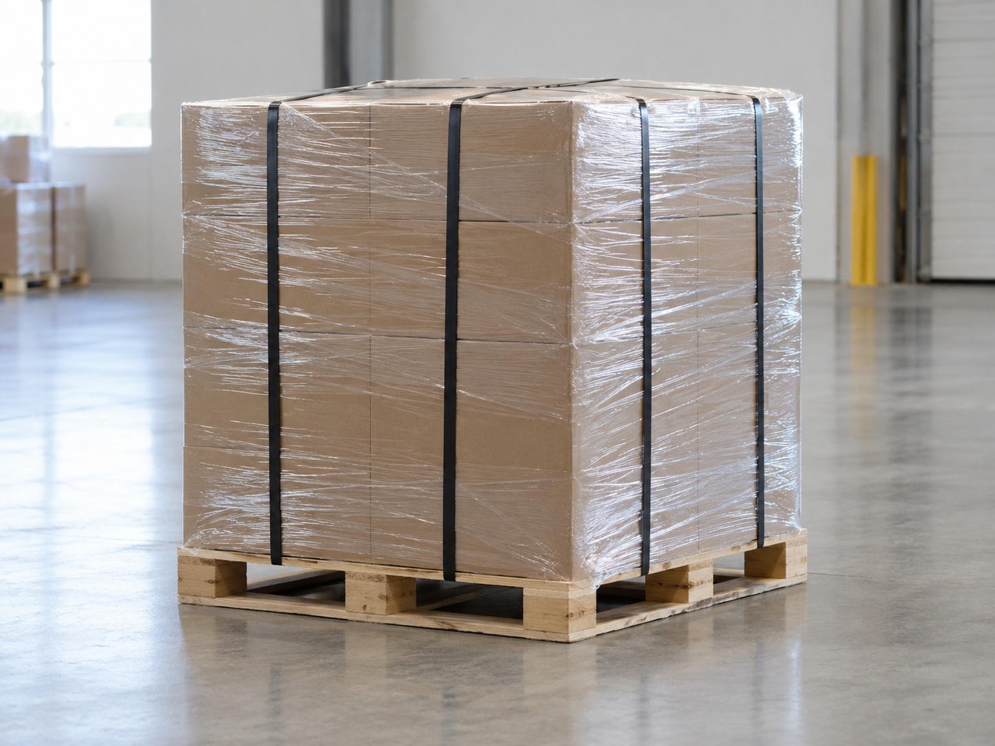A single sealed, banded and stretch-wrapped pallet of cartons standing alone on a clean warehouse floor.