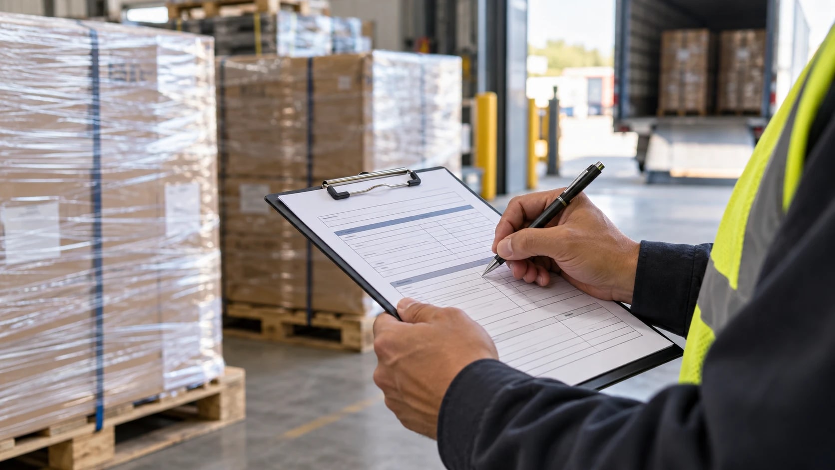 A shipping clerk filling in a bill of lading on a clipboard beside labelled pallets at a dock