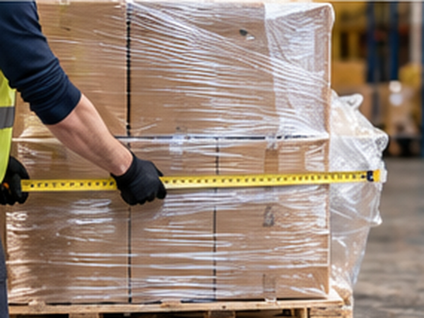 Warehouse worker measuring the full outside width of a wrapped pallet with a tape measure, including slight product overhang.