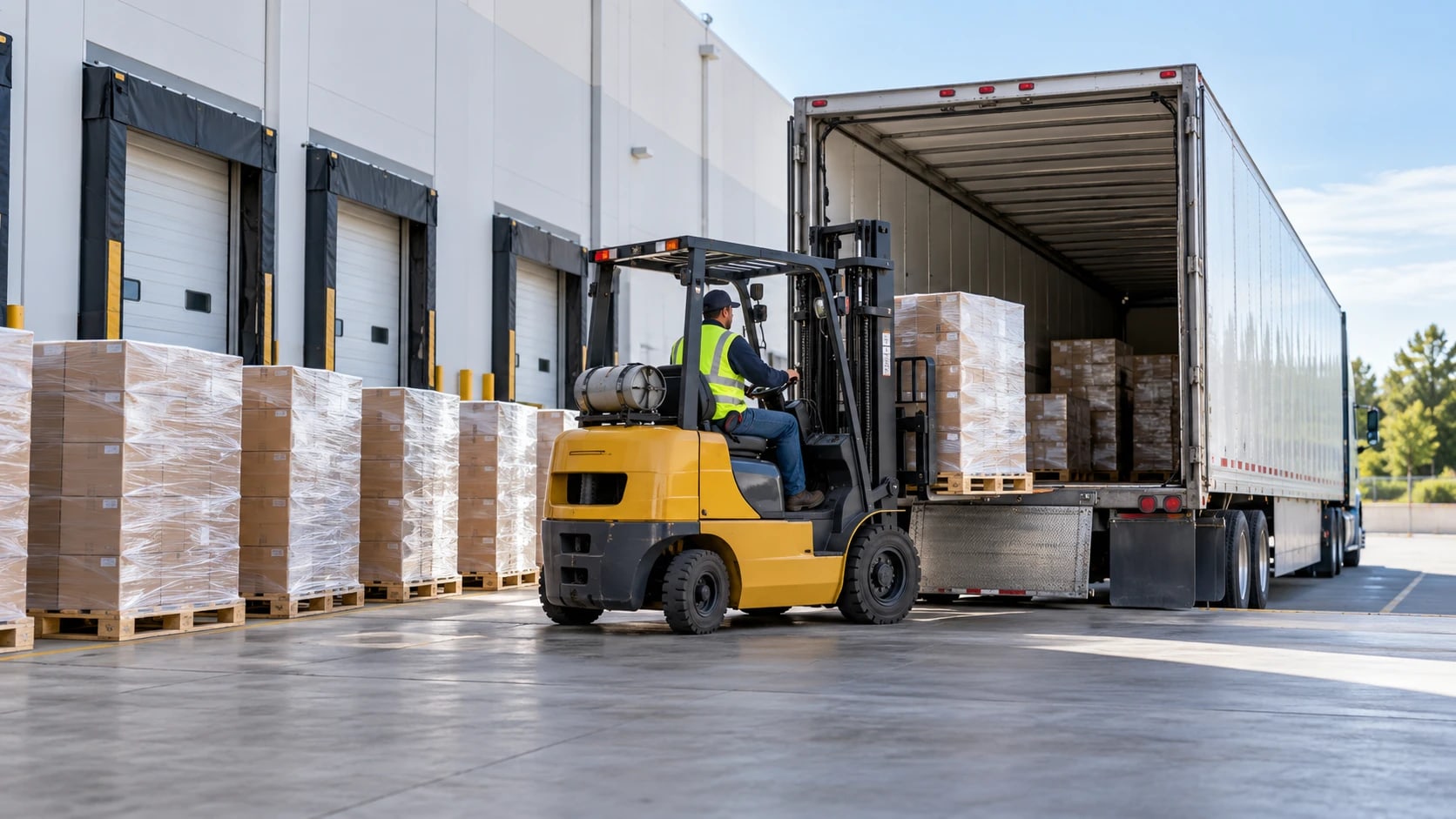 Palletized freight staged on a warehouse dock beside an open trailer being loaded by forklift