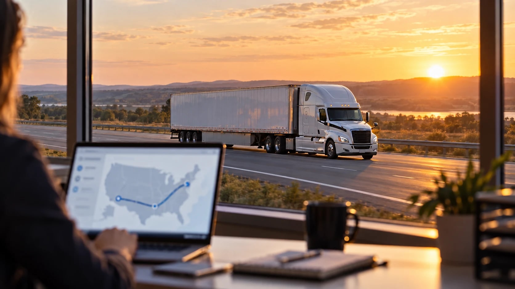A tractor-trailer on an open highway with a shipping coordinator's laptop in the foreground