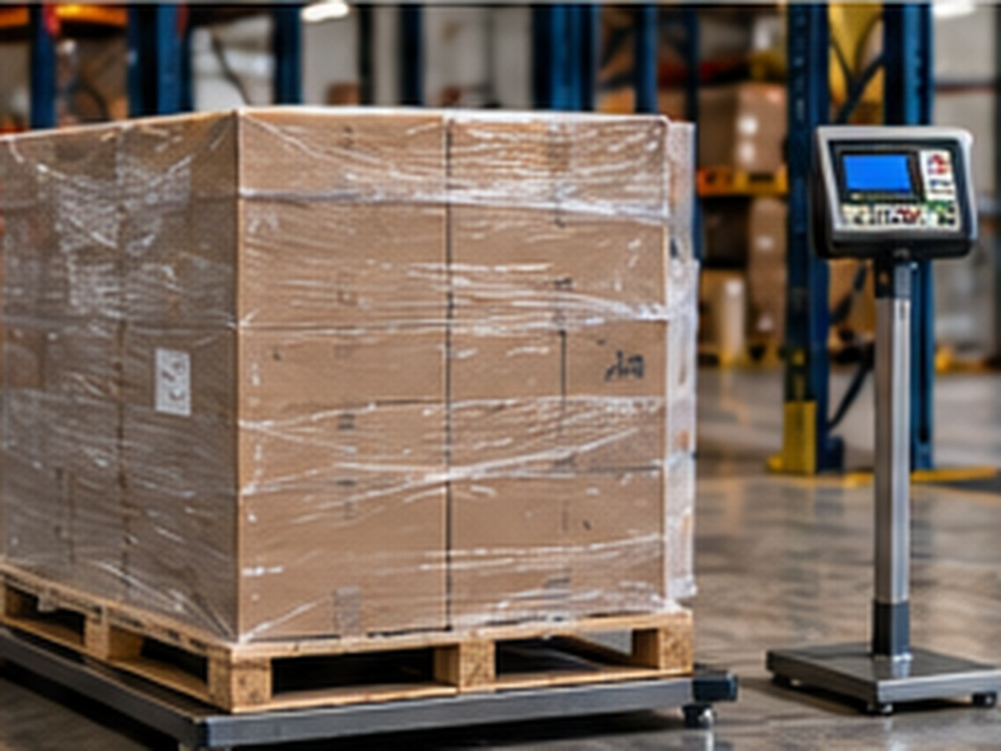 Wrapped pallet resting on a warehouse floor scale with the digital display visible but unreadable.