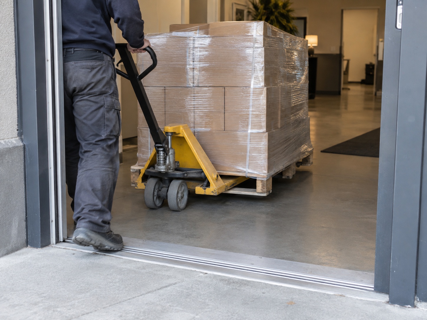 A worker pulling a wrapped pallet on a pallet jack over a threshold strip and through an open doorway into the tiled interior of a building.