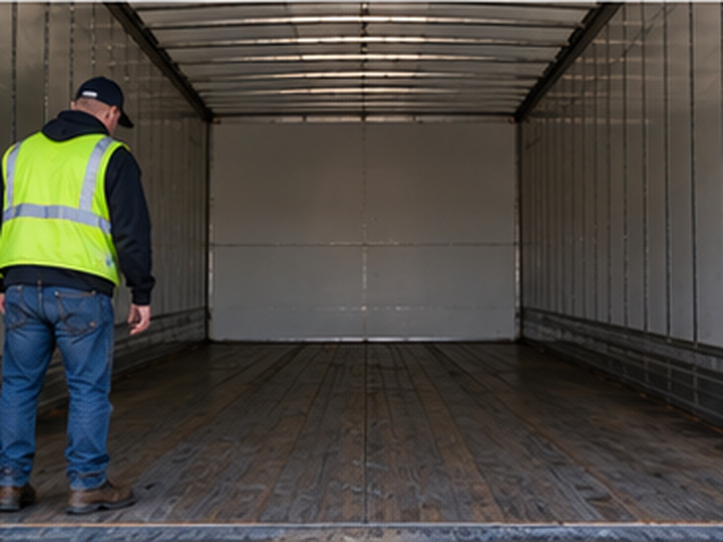 A worker in a hi-vis vest standing just inside the open doors of an empty trailer, looking down at the floor and side walls before loading.