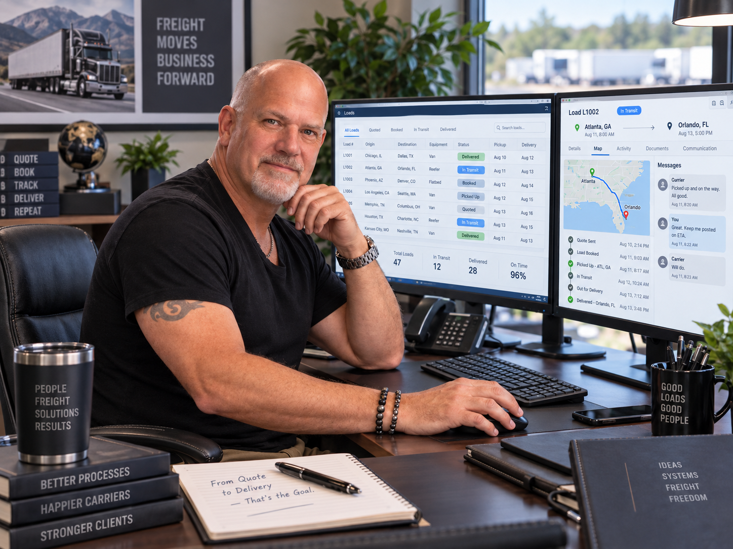 Jay Rock reviewing freight loads in Robo Load Builder at his desk.