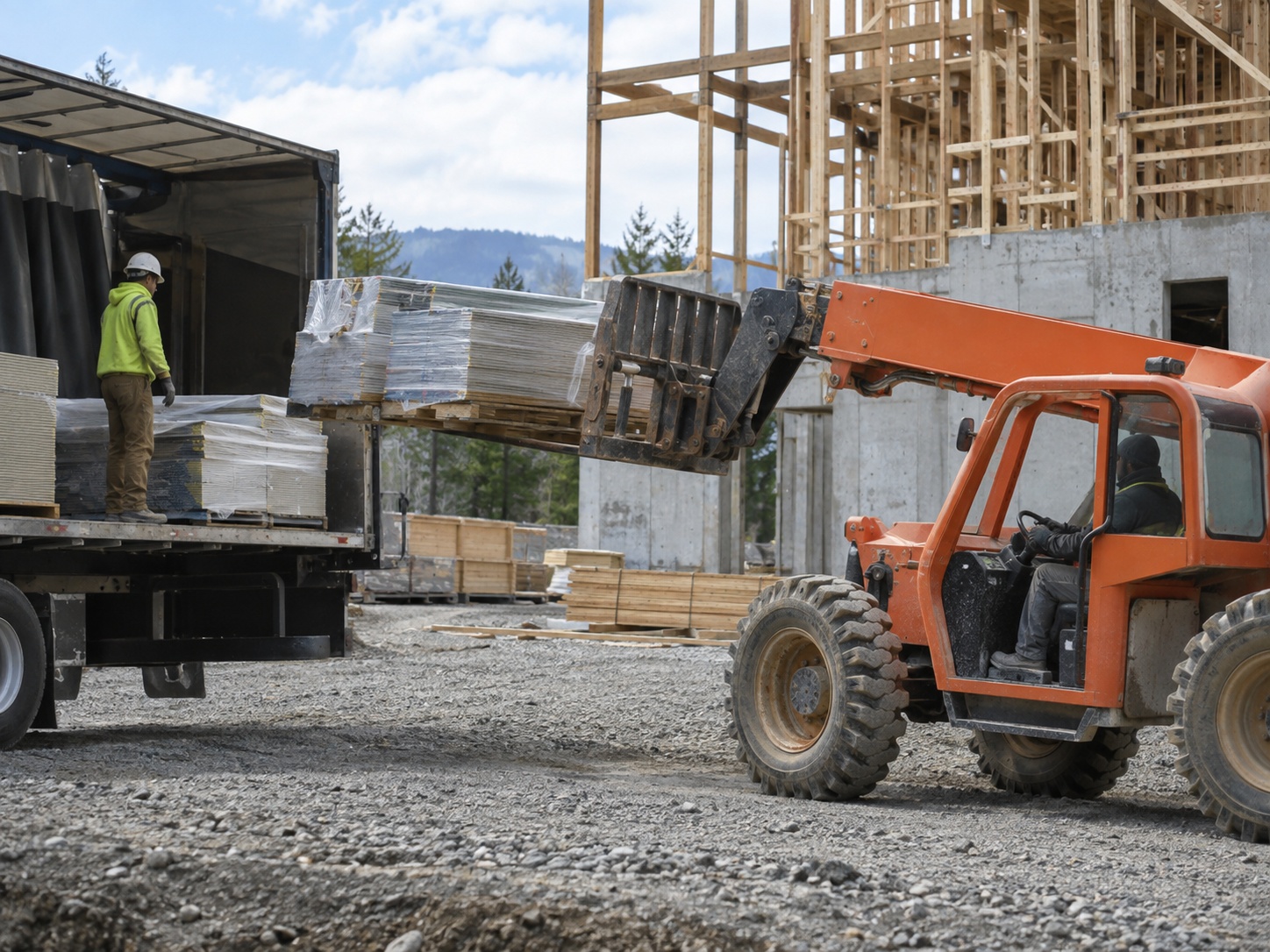 A rough-terrain telehandler lifting banded building materials from a flatbed truck on gravel ground, with a timber-framed building under construction behind.