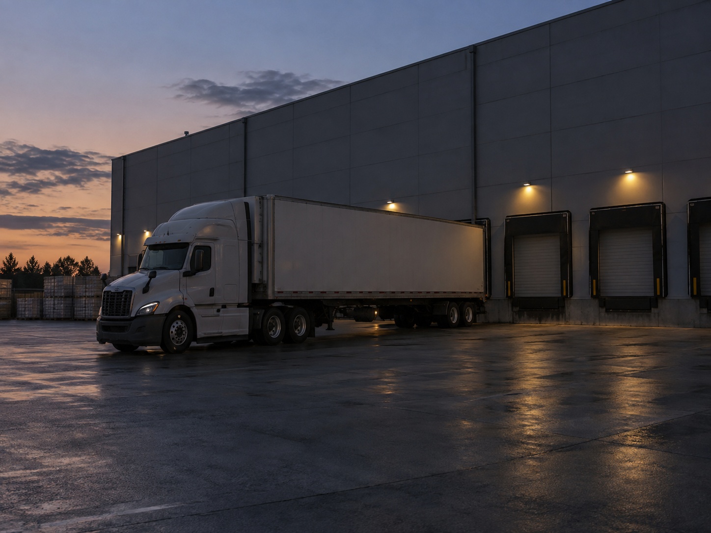 A tractor-trailer parked alone on wet tarmac in front of a row of closed dock doors at dusk, lit only by the dock lights and the last of the sunset.