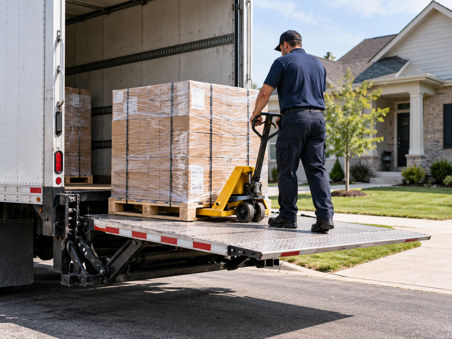 A driver rolling a wrapped pallet onto a truck-mounted liftgate platform lowered level with the trailer floor, at a house with a driveway and lawn behind.