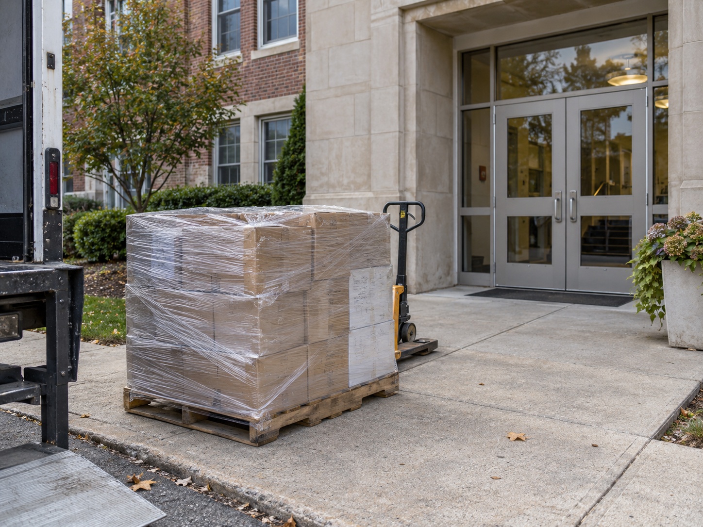A stretch-wrapped pallet standing on a pallet jack on a paved walkway outside a brick civic building with ordinary glass entrance doors and no loading dock.