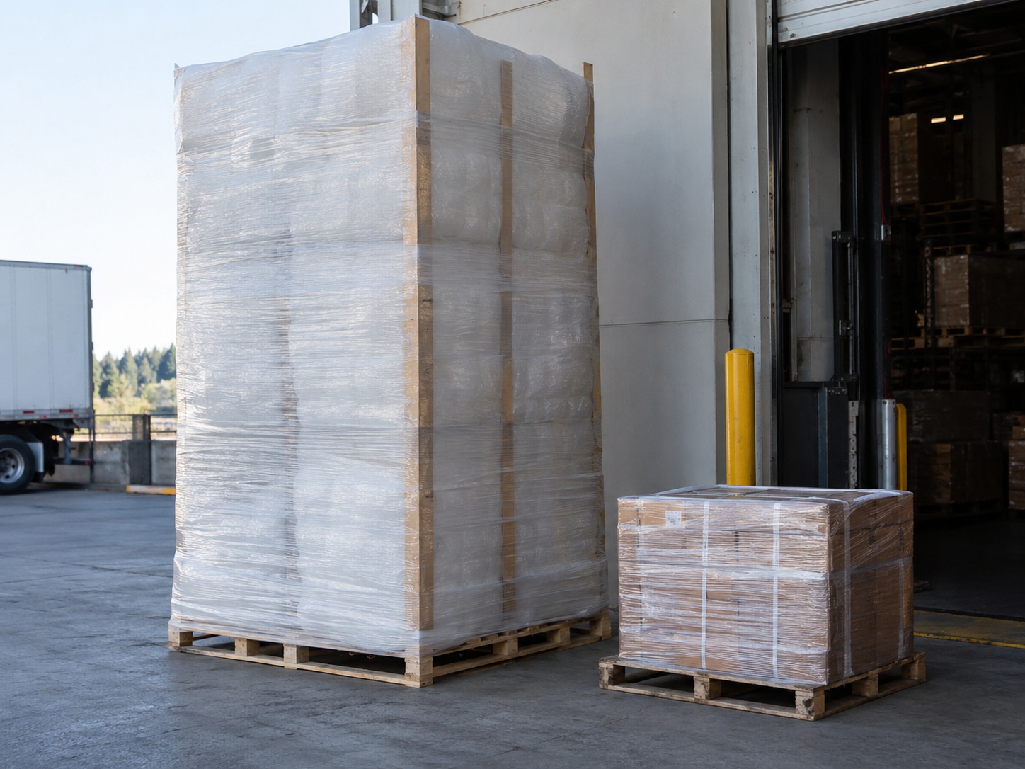 A very tall stretch-wrapped pallet standing beside a normal-height wrapped pallet on a dock, roughly three times its height on the same footprint.