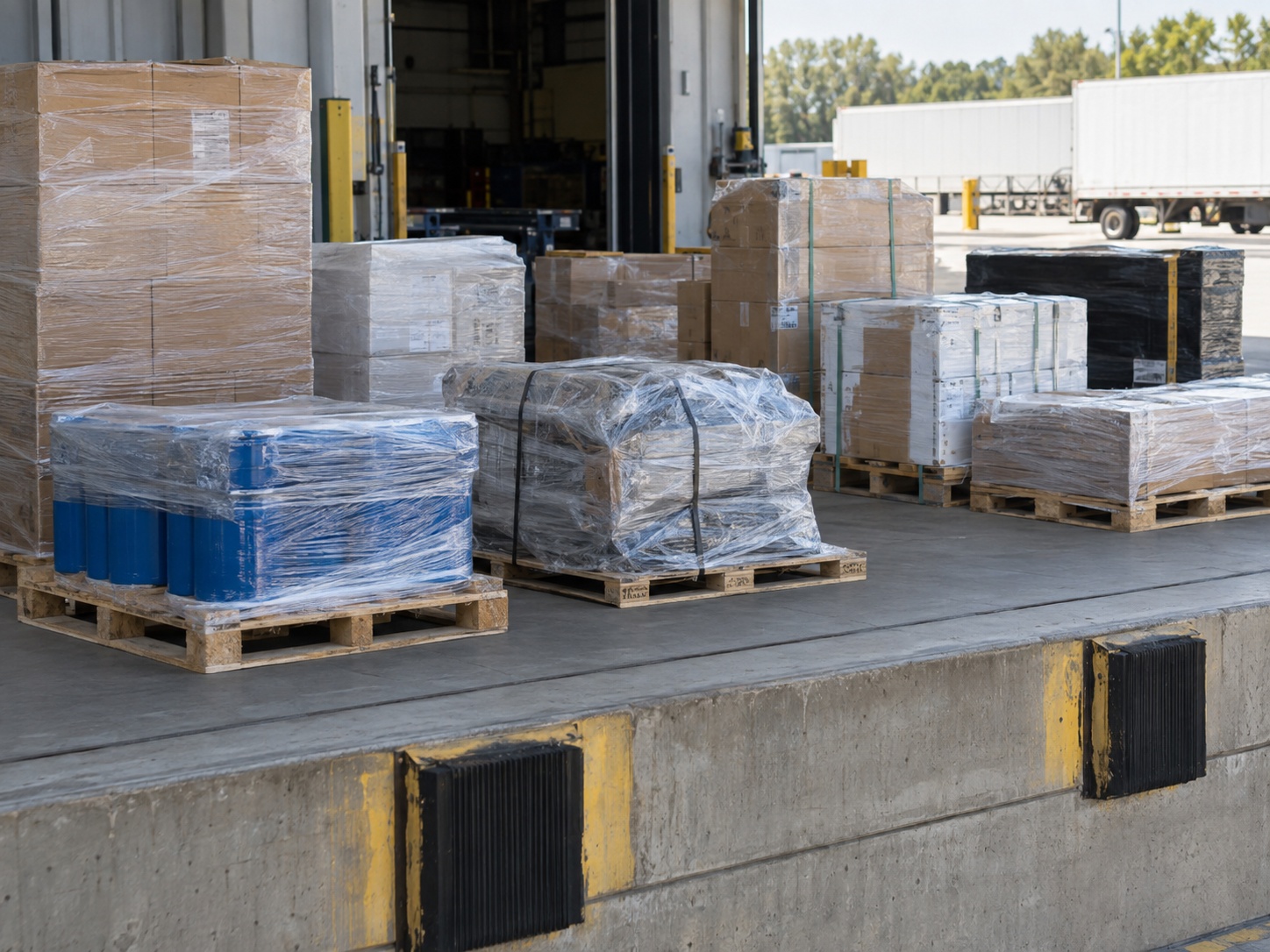 Six or seven stretch-wrapped pallets of visibly different heights, footprints and contents staged in a row along the edge of a terminal dock.