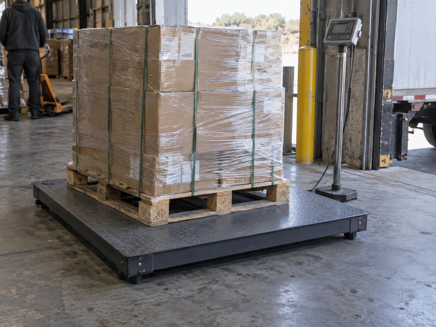 A wrapped and strapped pallet of cartons standing on a low platform scale on a freight dock, the scale indicator on its post beside it.