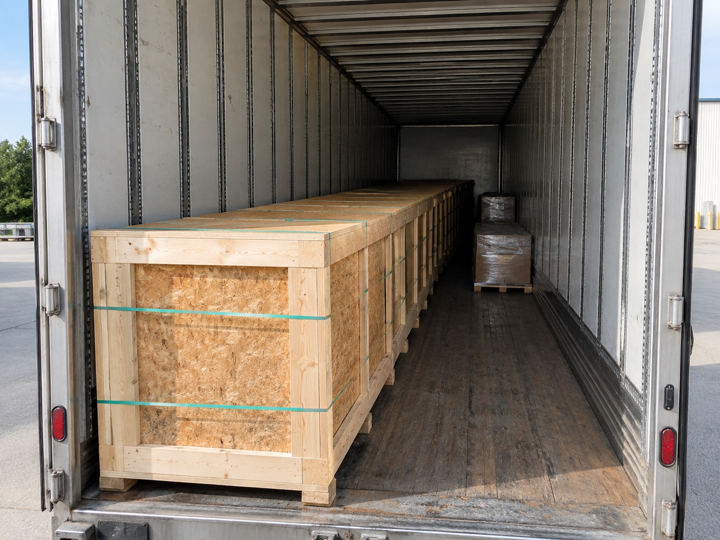Looking in through the rear doors of a trailer at a long wooden crate running most of the trailer length down one side, with empty floor beside it.