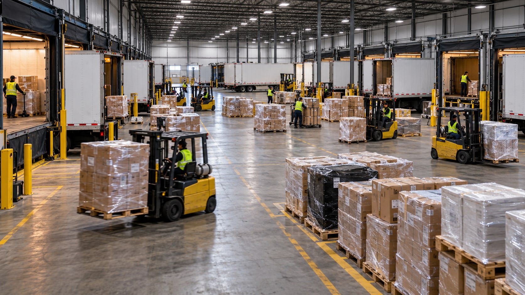 A busy LTL cross-dock terminal with forklifts moving mixed pallets between rows of trailer doors.