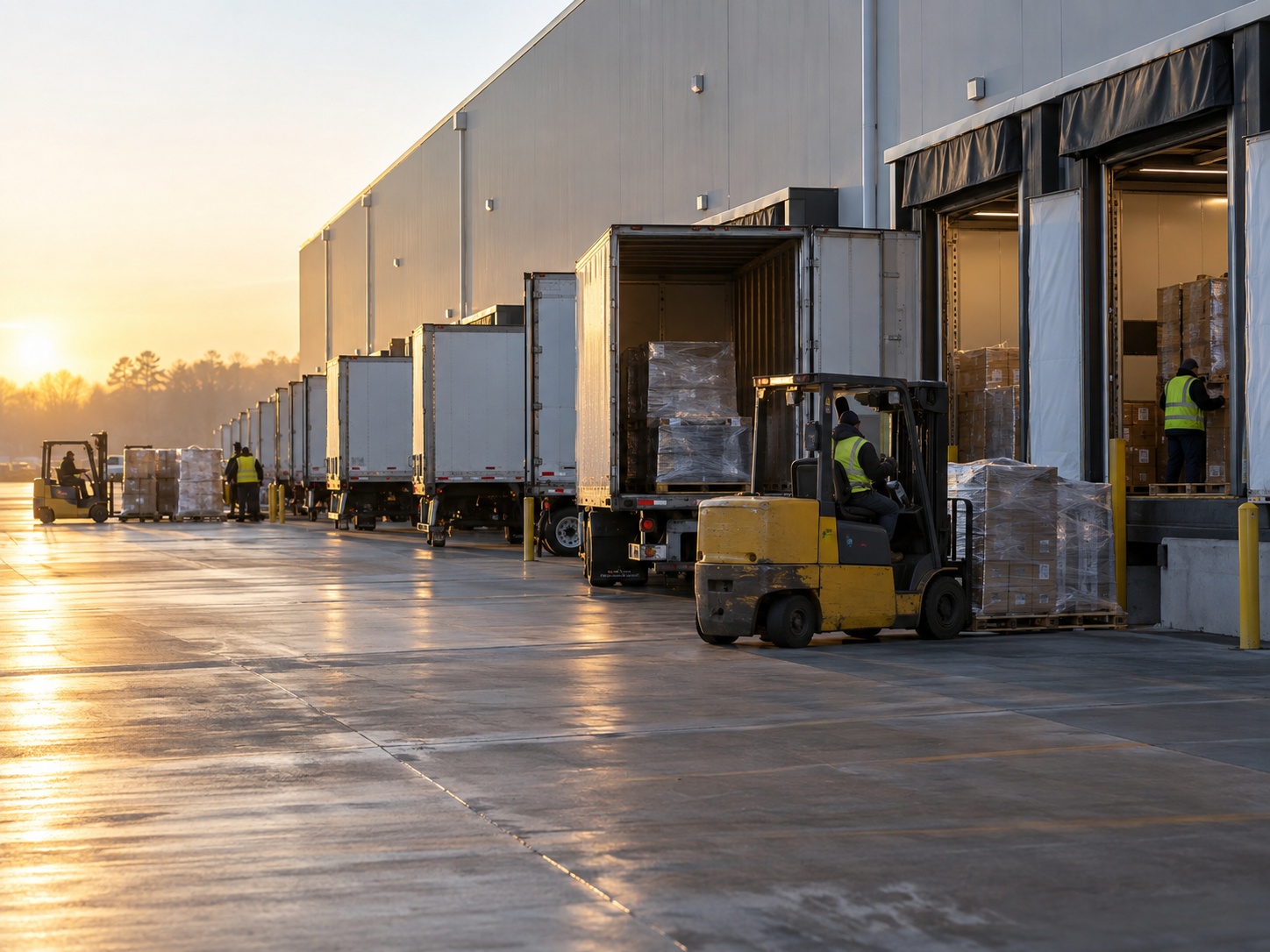 A long line of trailers at terminal doors in low sunrise light, with forklifts loading pallets into several of them.