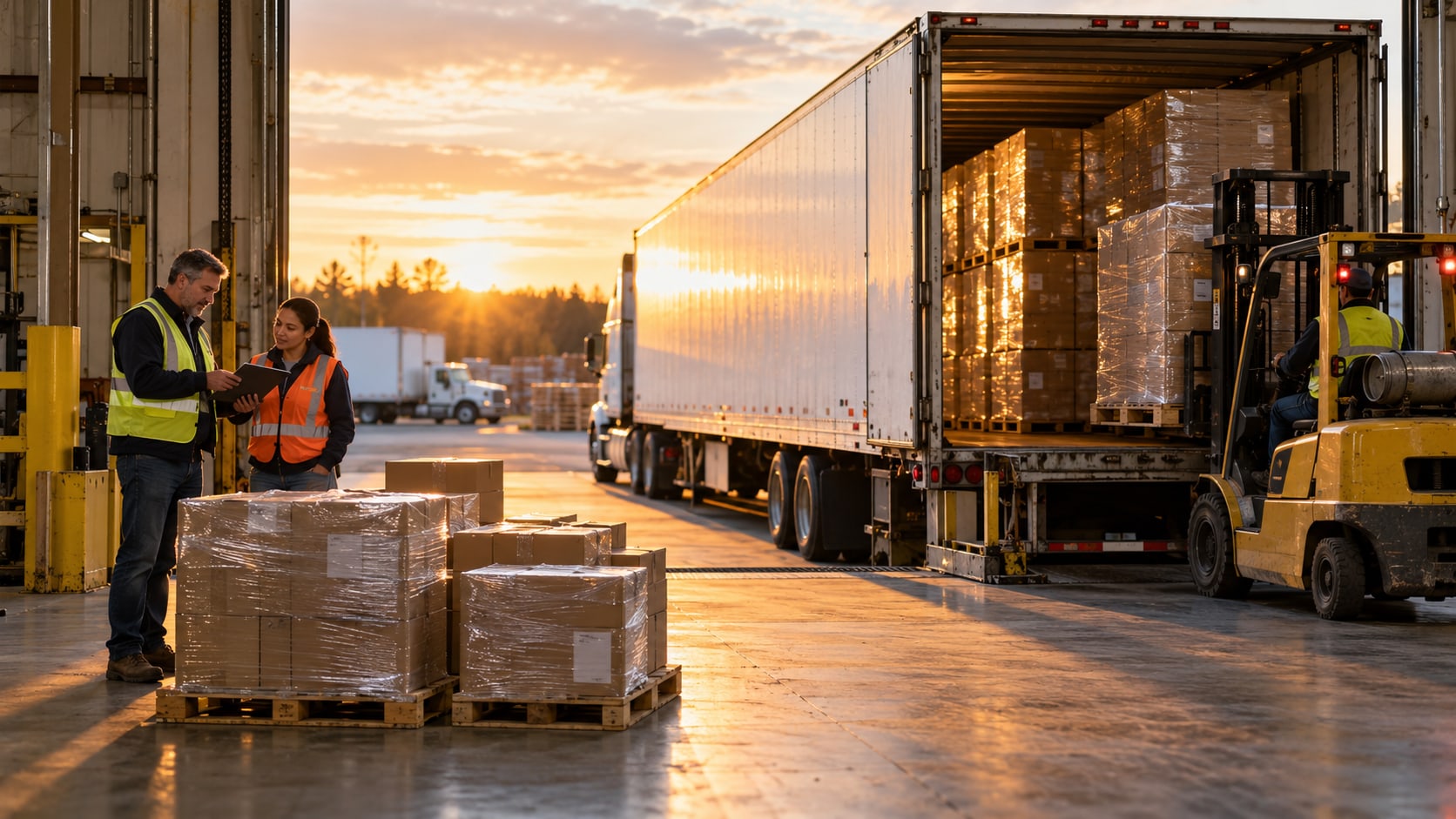 At sunset a fully loaded trailer stands beside a small pallet shipment as two workers compare the plan on a clipboard.