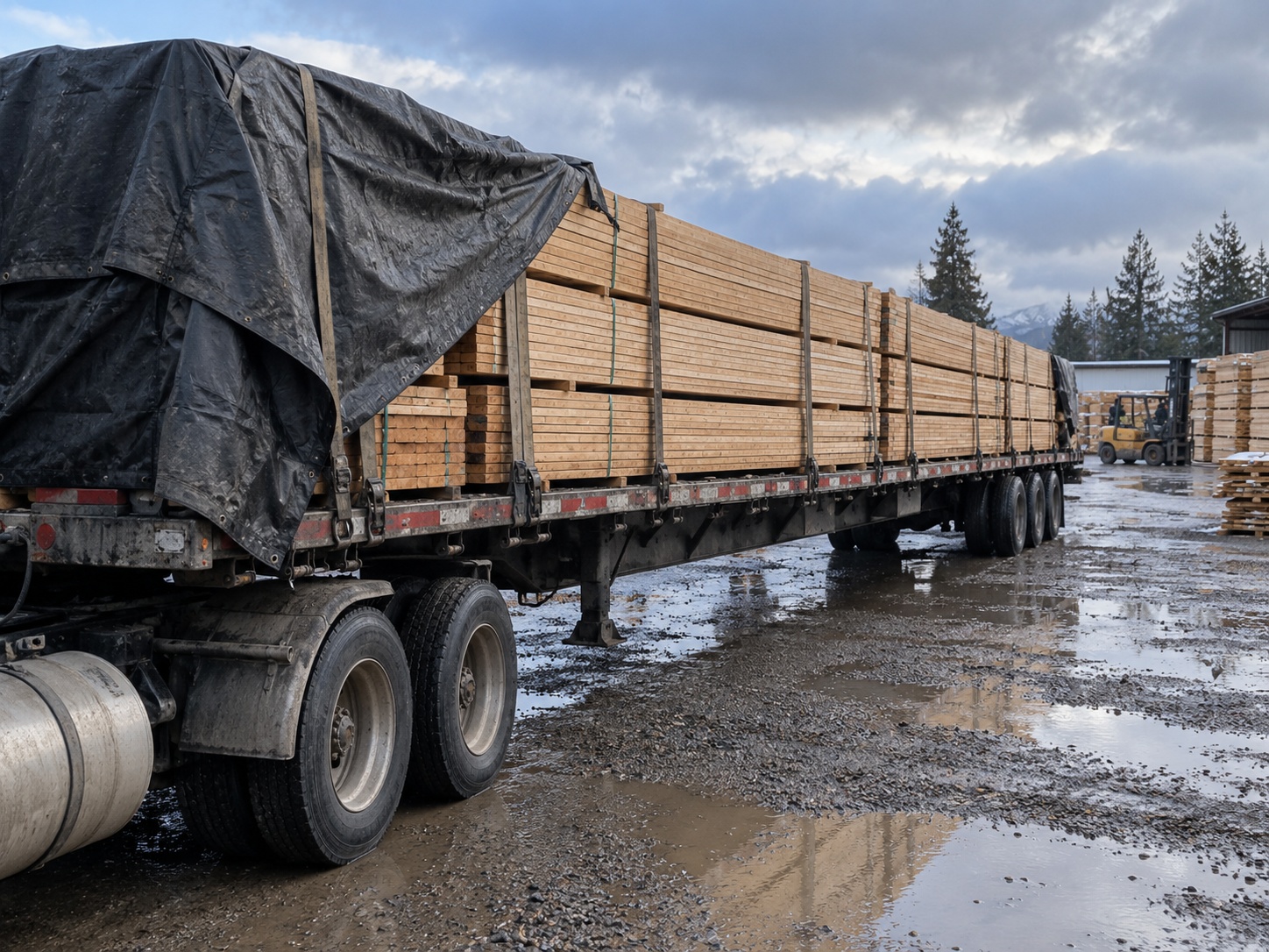 Long banded bundles of lumber loaded on a flatbed in a wet yard, with a tarp over one end drawn partly back.