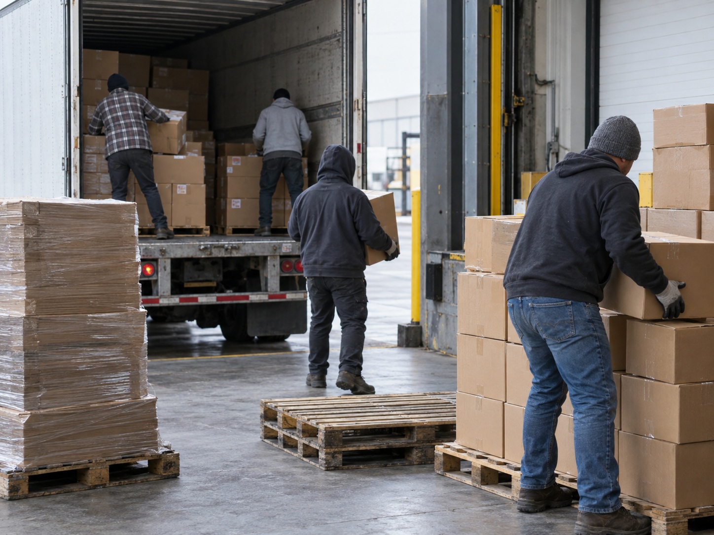 A crew of workers unloading cartons by hand from a trailer at a dock and restacking them onto pallets on the warehouse floor.