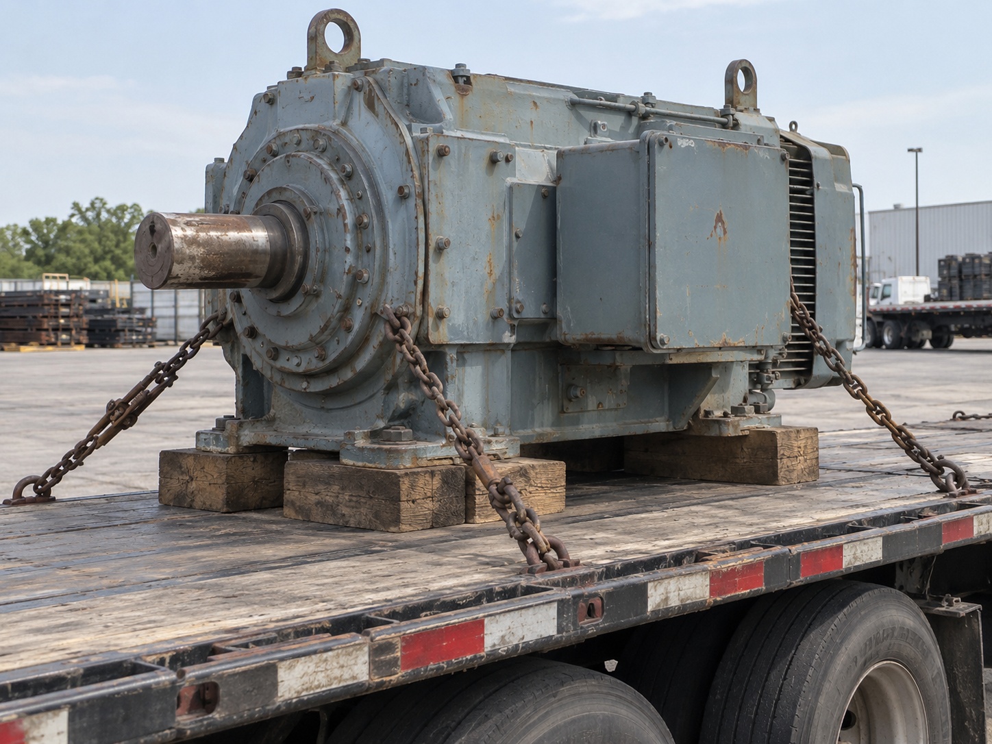 A large industrial machine sitting on wooden dunnage on an open flatbed deck, held by chains, with lifting eyes visible on top of the machine.