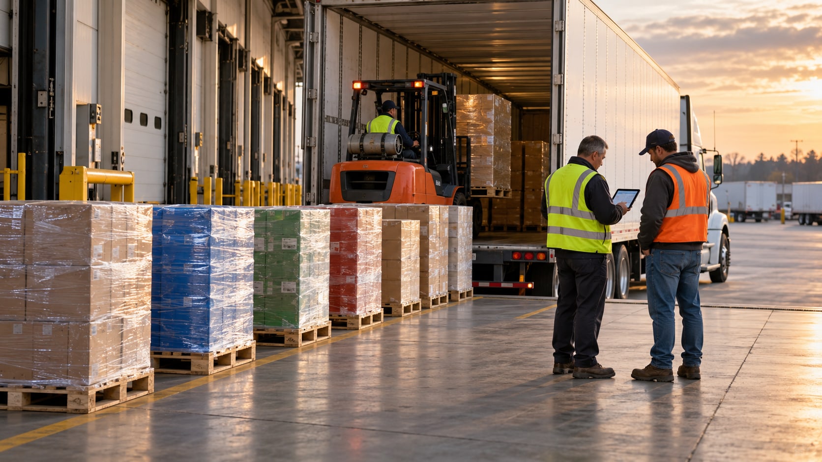 Rows of wrapped pallets staged by stop at a dock as two workers check the plan on a tablet before a trailer is loaded.