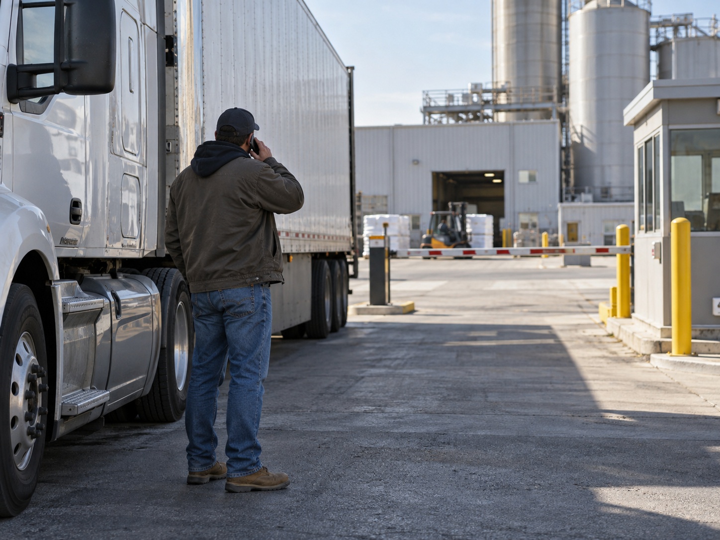 A truck driver standing beside a parked tractor-trailer making a phone call, facing a facility gate with a barrier and a guard booth ahead.