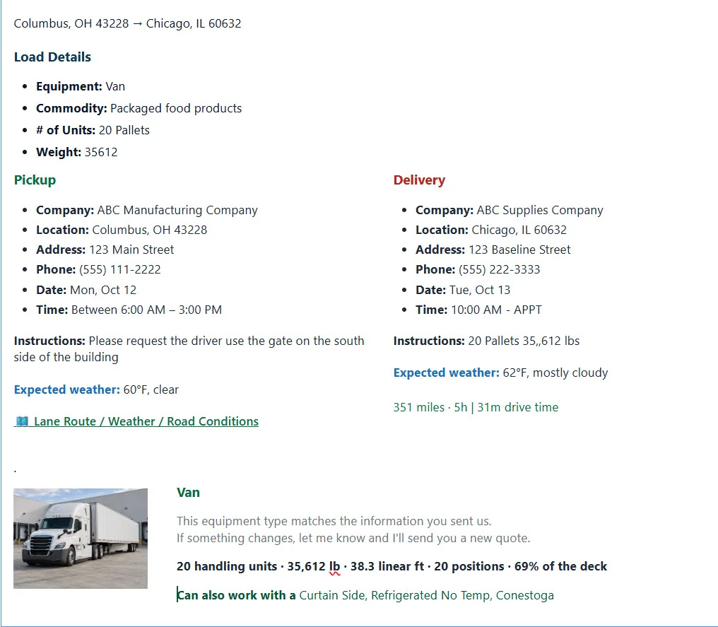 Second half of an example freight quote email showing load details, pickup and delivery requirements, route and weather information, and recommended equipment.