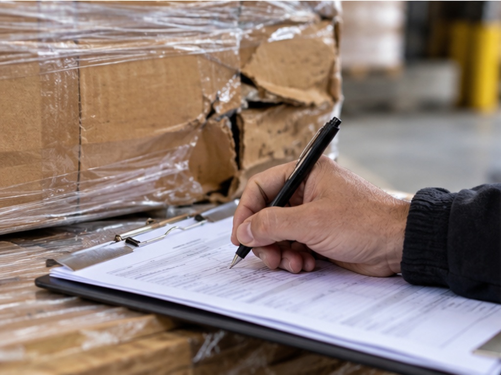 A close view of a hand writing on a delivery receipt clipped to a board resting on a pallet, with a split and crushed carton on the wrapped load just behind it.