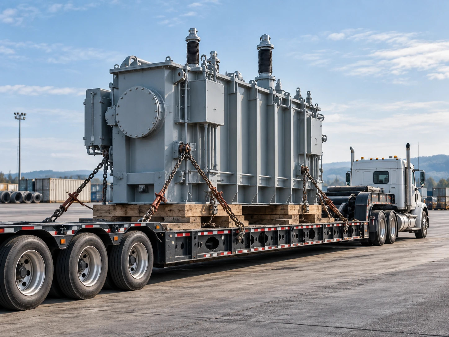 Oversized electrical transformer secured on a heavy-haul lowboy trailer.