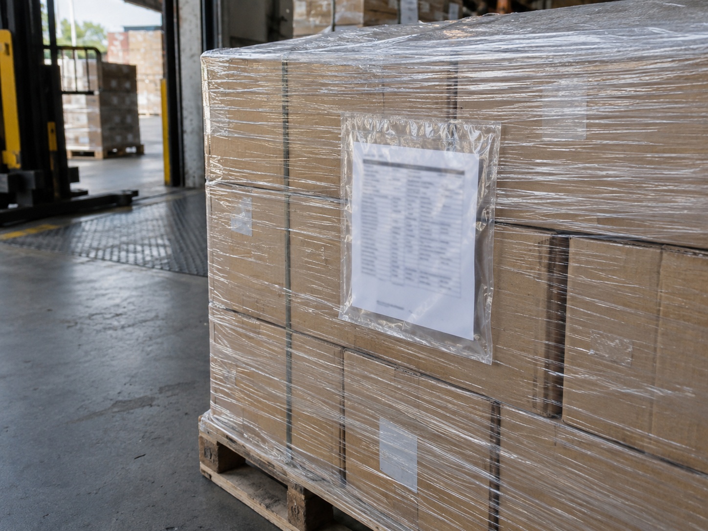 A printed document inside a clear adhesive pouch stuck to the stretch wrap on the outside of a palletized shipment at a dock.