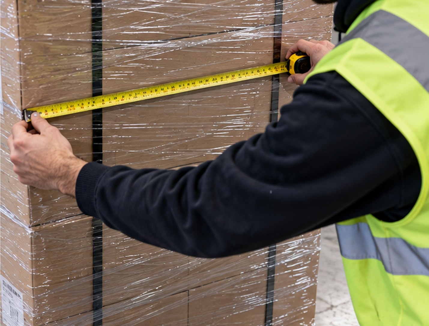 A worker in a high-visibility vest running a tape measure across the width of a wrapped pallet.