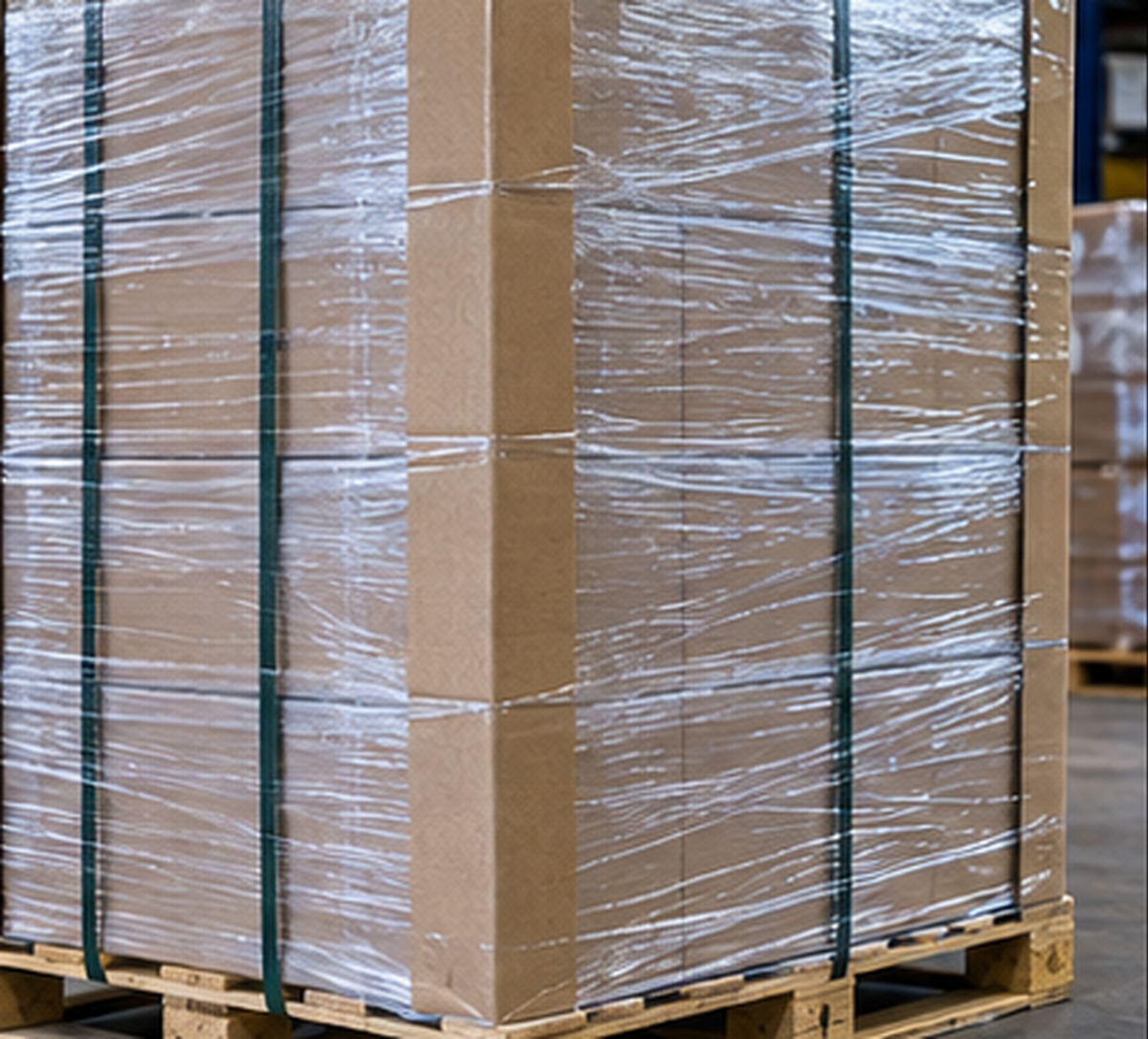 A wrapped pallet with vertical cardboard corner boards running the full height of the load beneath the stretch wrap.