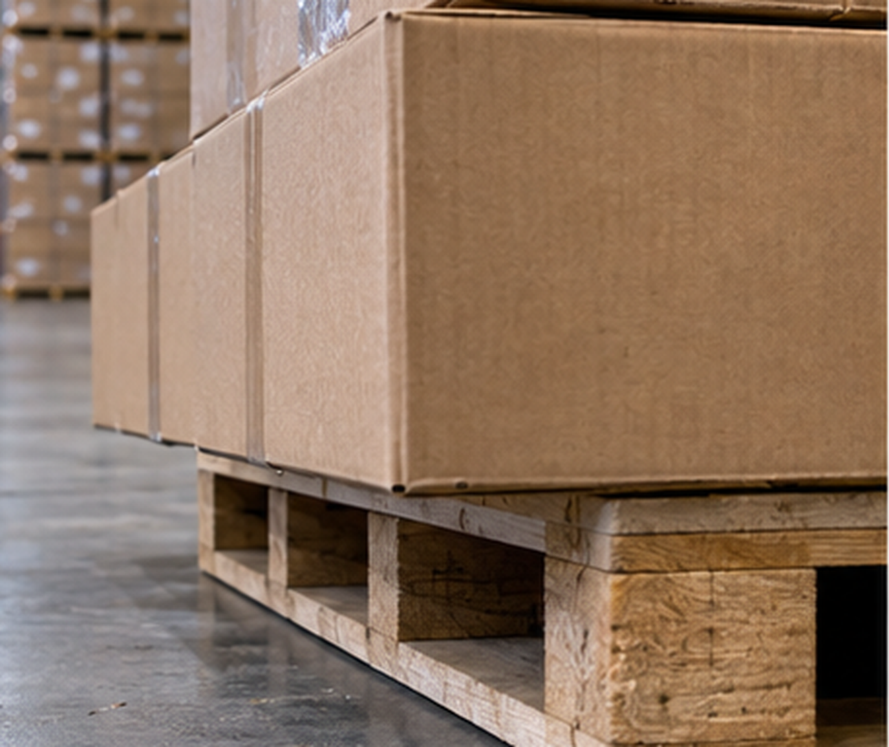 Cartons stacked on a pallet with the bottom row extending past the edge of the pallet deck, leaving the carton corners unsupported.