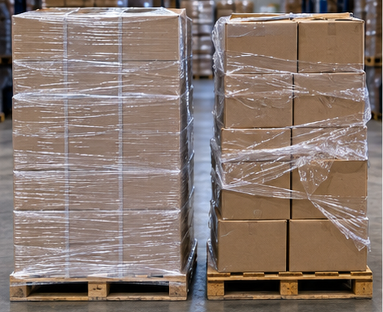 Two wrapped pallets side by side. The left one is wrapped tightly with even overlap carried down onto the pallet deck boards. The right one is wrapped loosely, with gaps and film that stops short of the pallet.
