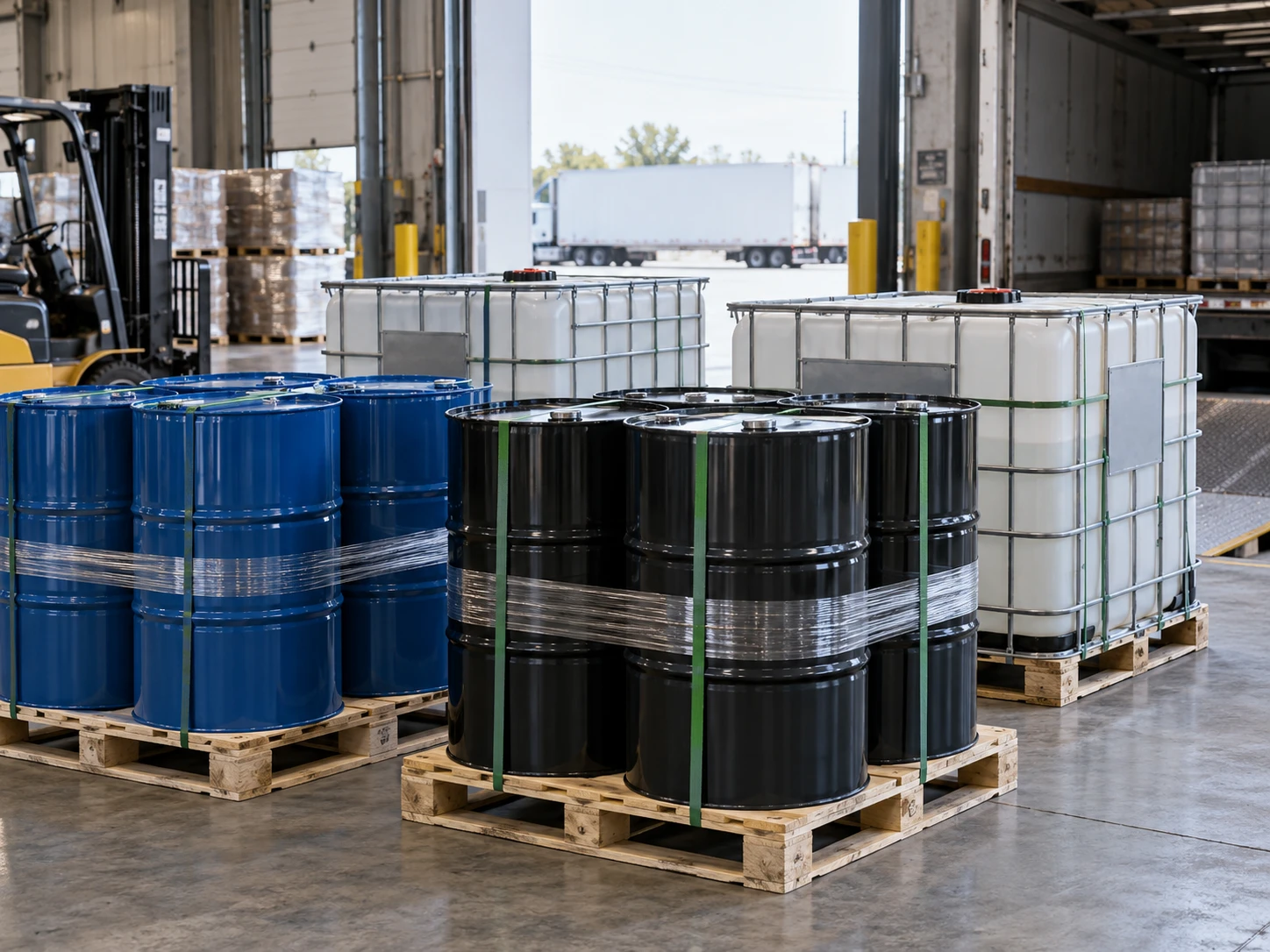 Steel drums strapped and stretch-wrapped four to a pallet beside two IBC totes on pallets, staged at a warehouse dock door next to an open trailer.