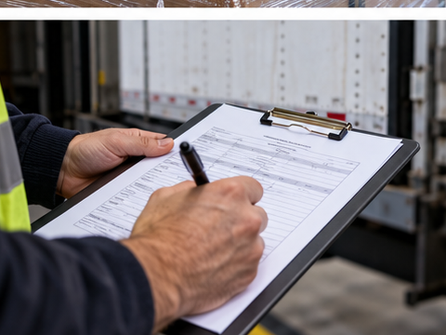 A worker in a high-visibility vest signing a delivery document on a clipboard beside a parked trailer.