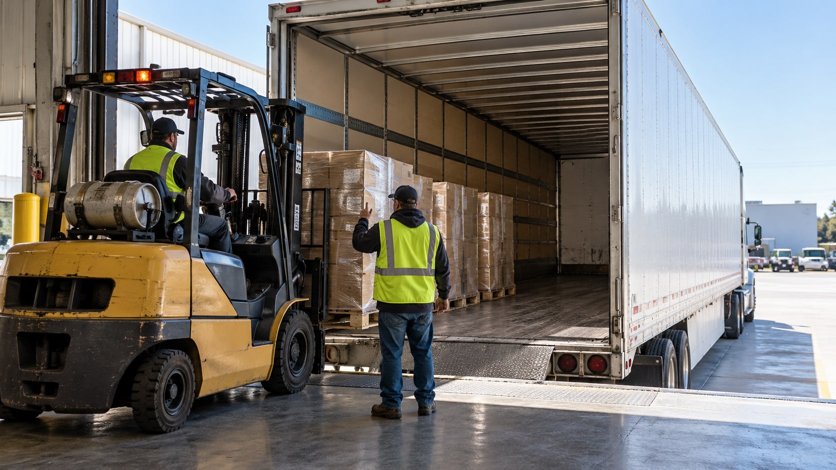 A forklift loads pallets into a partly filled 53-foot trailer while a dock worker in hi-vis guides it in.