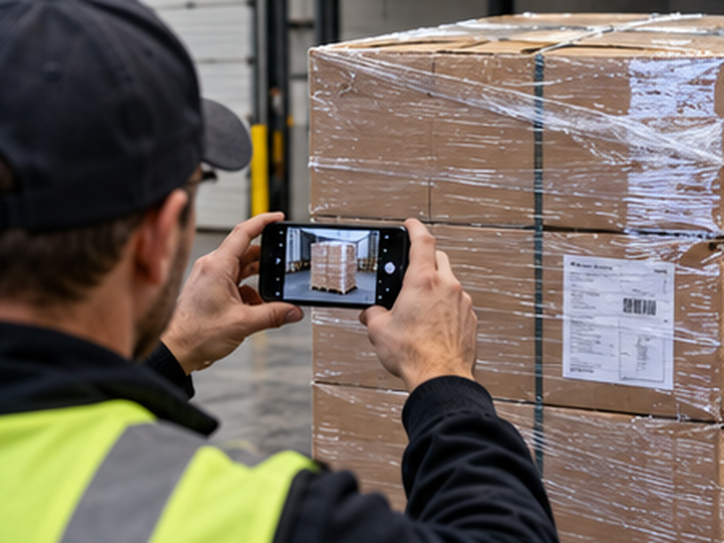 A worker in a high-visibility vest photographing a wrapped pallet with a phone, framing the whole pallet and its shipping label.