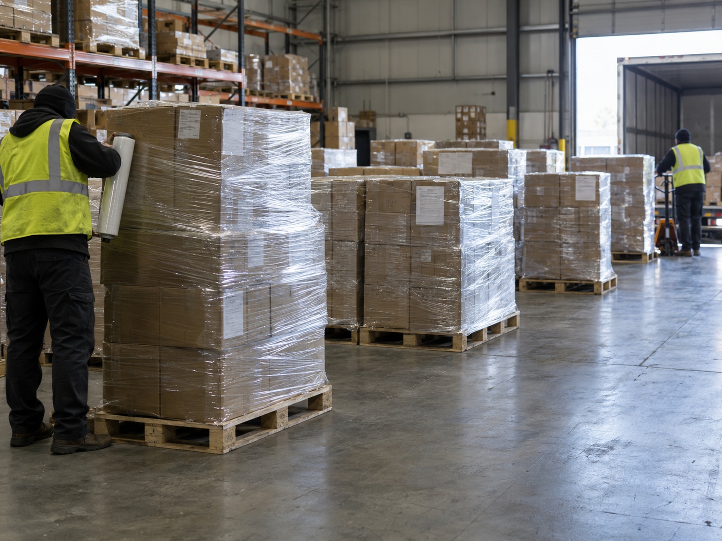Rows of stretch-wrapped pallets staged in a warehouse ahead of collection, with workers wrapping further pallets behind them.