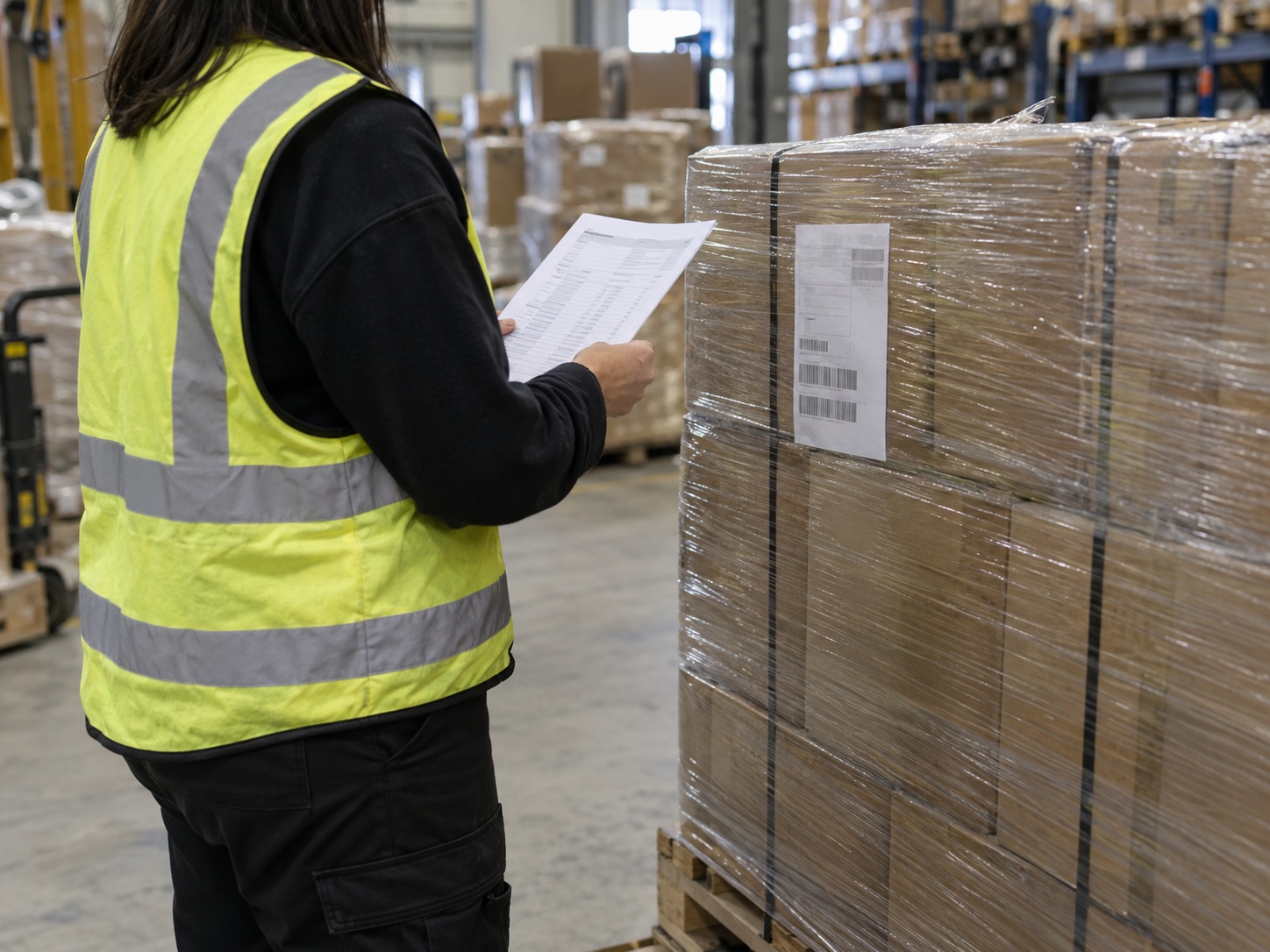 A warehouse worker in a high-visibility vest holding a printed document up beside a shipping label on the stretch wrap of a pallet, comparing the two.