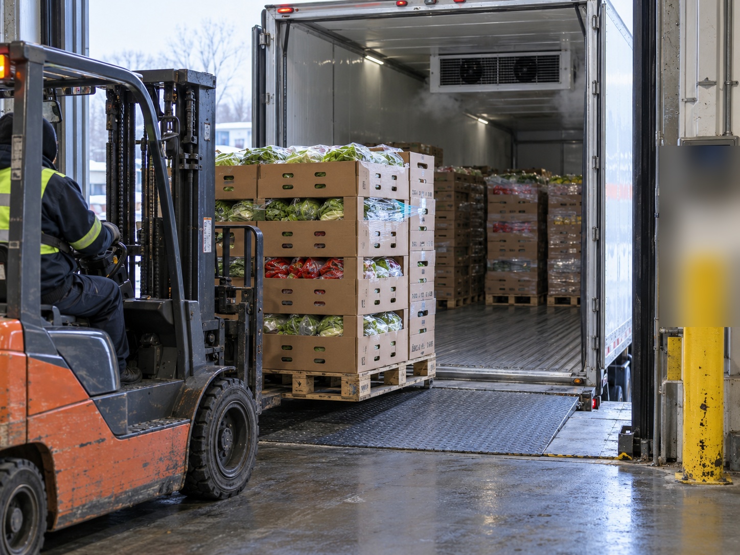 Pallets of vented produce cartons being loaded into a refrigerated trailer at a chilled dock.