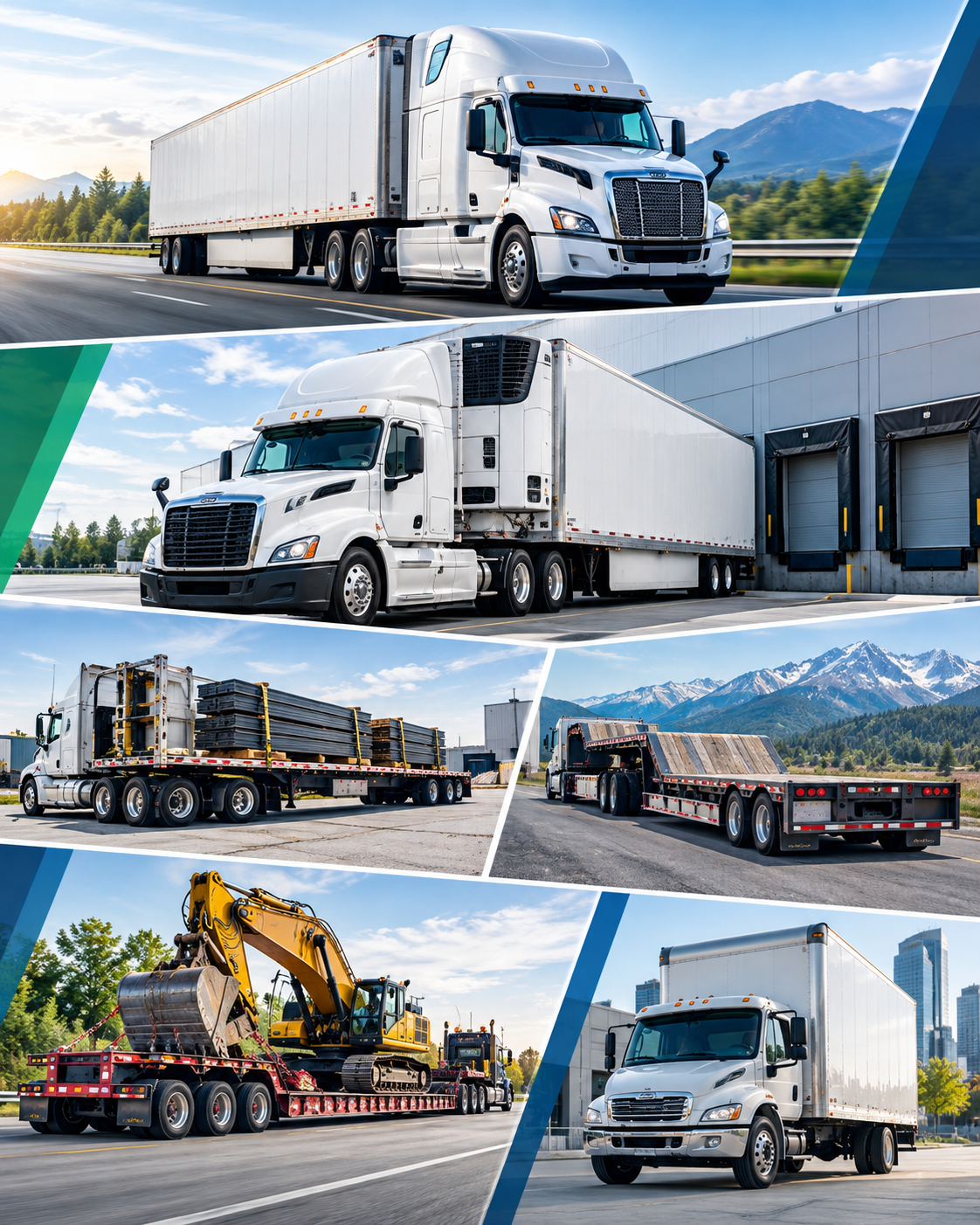 Freight equipment collage showing dry van, refrigerated, flatbed, specialized machinery and box-truck shipments.