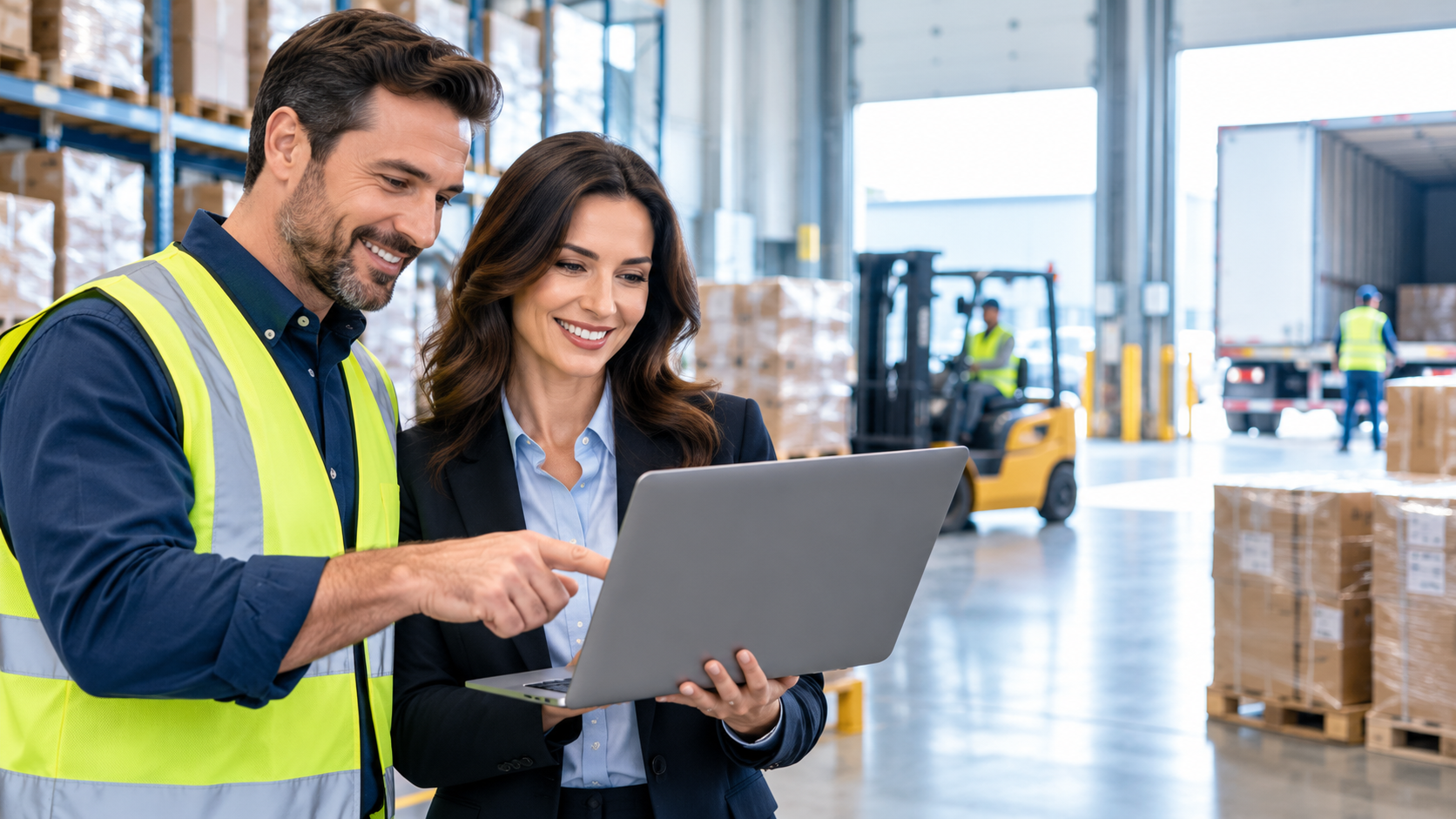 A shipper and freight team member reviewing a shipment together on a laptop in a warehouse.