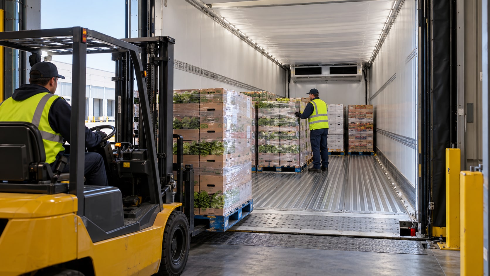 A forklift loads produce pallets into a refrigerated trailer, leaving an air gap along the walls, as a worker checks inside.